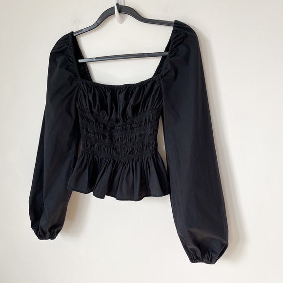 Staud Jules Puff Sleeve Peplum Smocked Top Womens Small Black - Picture 3 of 11